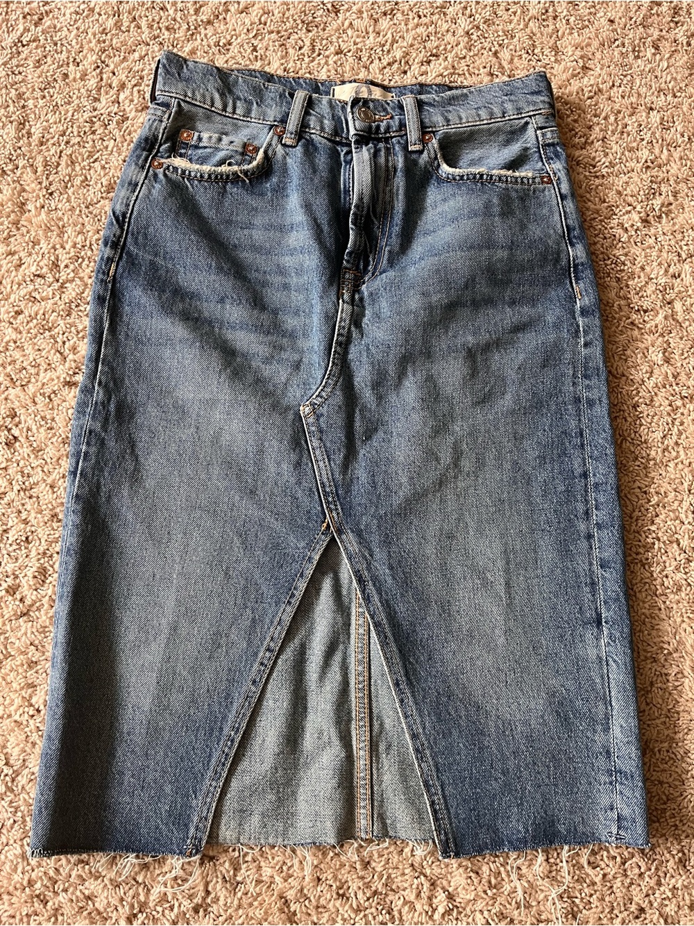 Free People Denim Midi Pencil Skirt with Front Slit - Blue